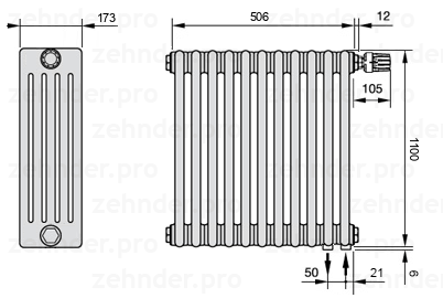 Схема (чертеж) Радиатор Zehnder Charleston 5110/11 №V002 Белый глянцевый RAL 9016